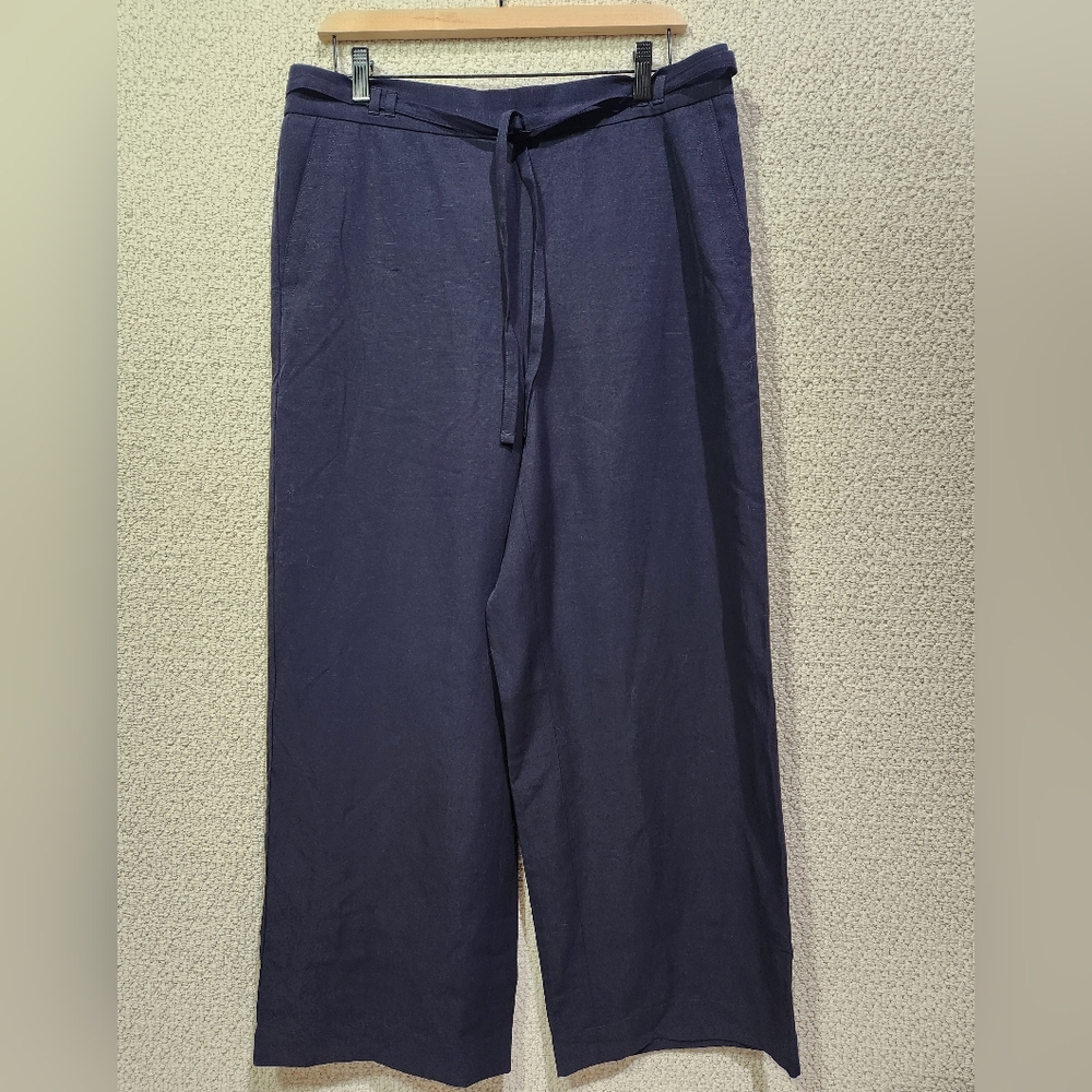 Talbots Linen Blend Wide Leg Navy Dress Pant Pull On Elastic Waist Belted LG